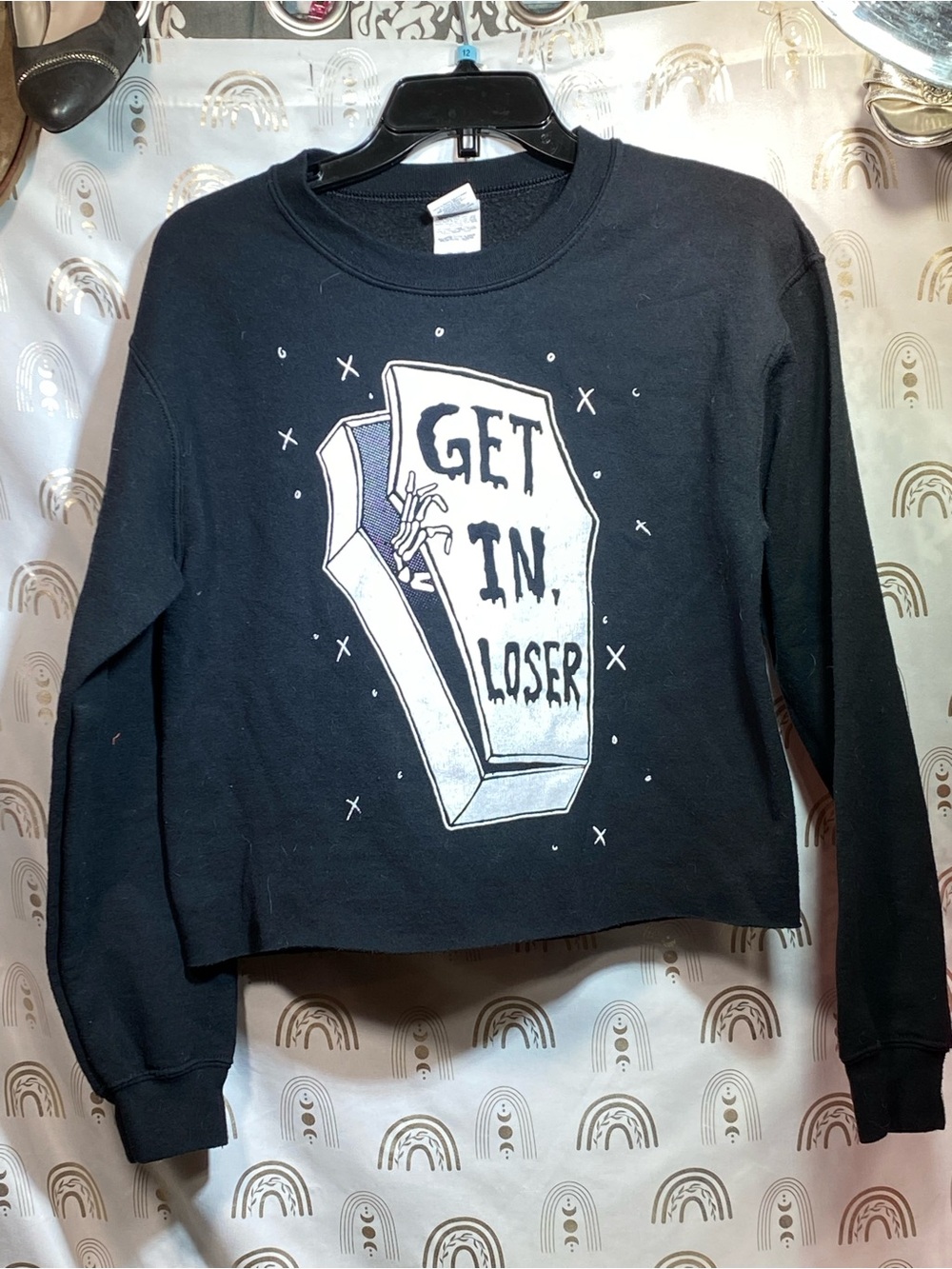 Gildan Black Crop Sweatshirt with White Coffin Graphic
